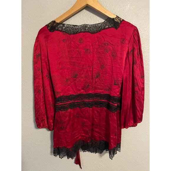 Bebe Womens Large Red Black Silk Lace Wrap Top Floral Print Bow Romantic Y2K - Picture 2 of 8